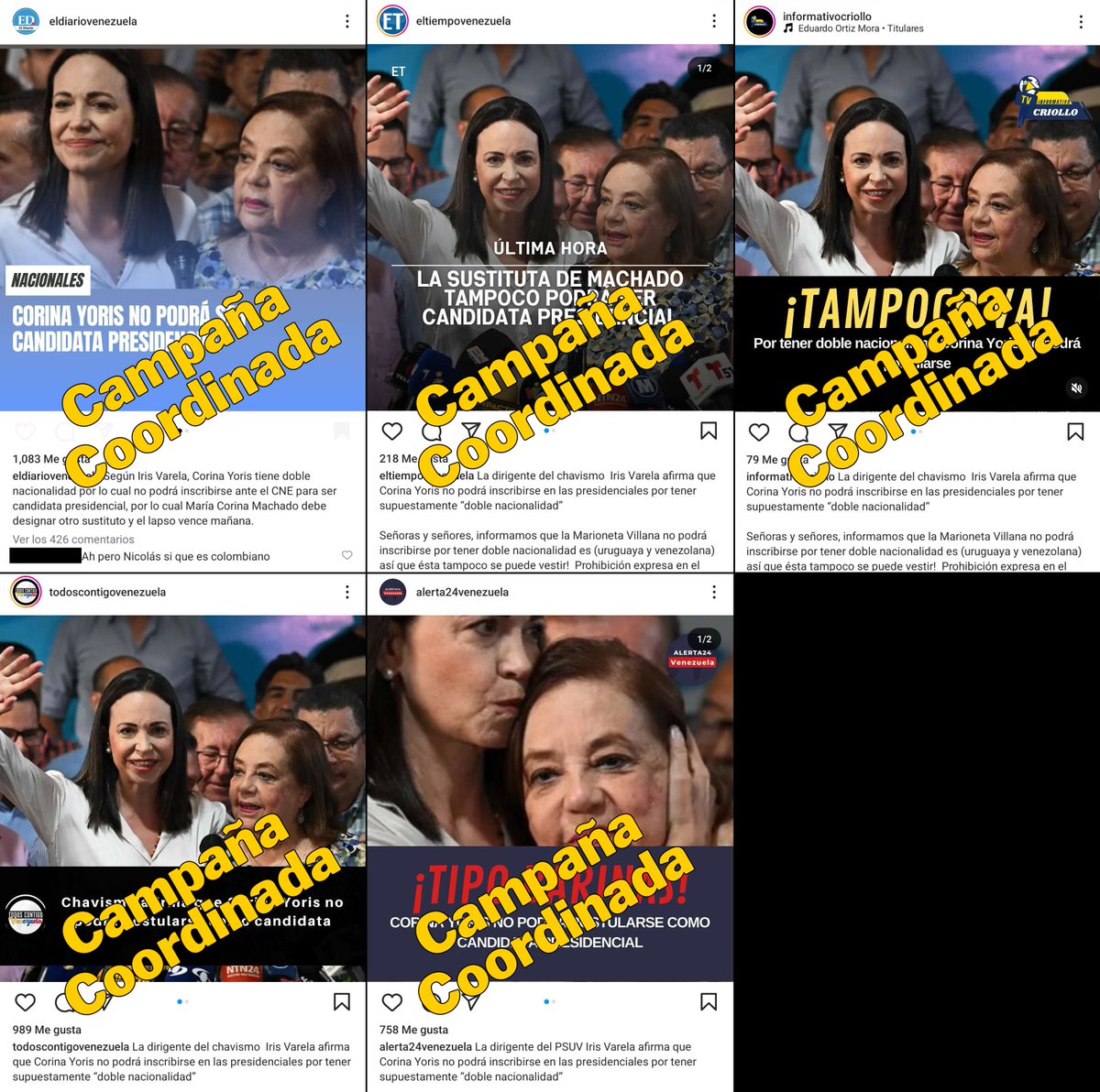 #YorisCFN | 5 falsos noticieros en Instagram de la red #LaFábricaDeDesinformación, publicaron ayer de forma coordinada, entre las 4:15 p. m. y las 4:27 p. m. VEN, contenidos afirmando que Corina Yaris no podría ser candidata presidencial.

'La Fábrica de Desinformación' ha