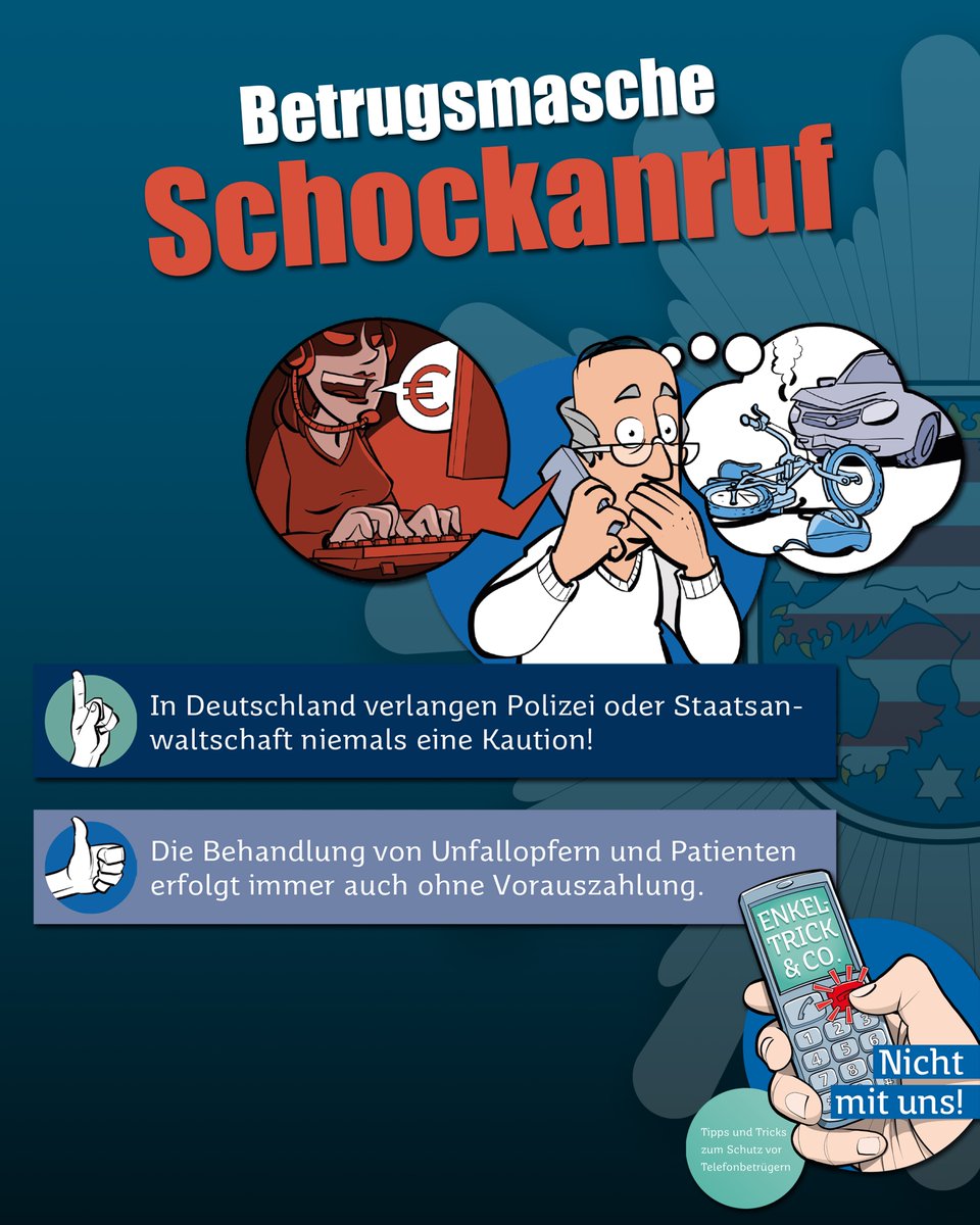 Schockanruf - Nicht mit uns!

Betrüger rufen zumeist ältere Menschen an und geben sich als nahe Angehörige oder Polizei aus. Unter dem Vorwand einer Notsituation, in der sich ein Verwandter befindet, ergaunern sie sich Bargeld und Wertsachen von den Opfern.