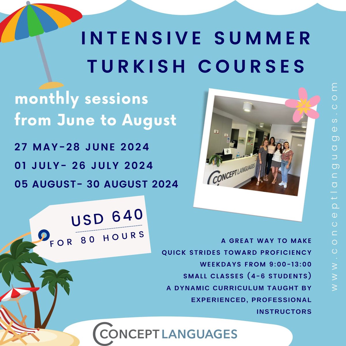 📕INTENSIVE SUMMER TURKISH COURSES

Register Now : info@conceptlanguages.com

#turkishlanguages #turkishclass #turkishforforeigners #languagelearning #turkishteacher #onlineturkish #turkishlanguagecourse #türkçegramer #türkçeöğreniyorum #turkishexpressions #turkishcourse