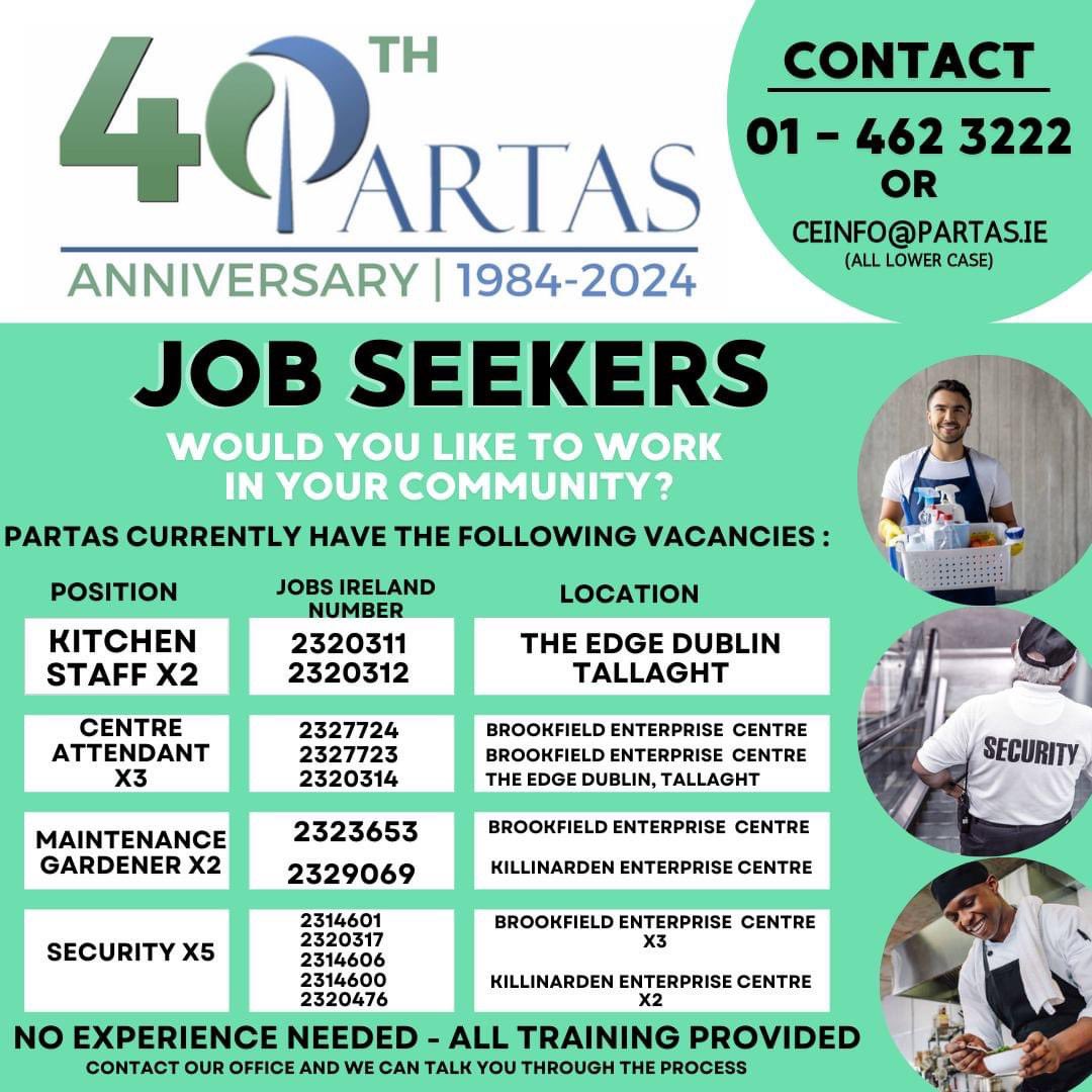 Fantastic opportunities, no experience needed!! 

All training provided!!! 

Call our office to chat about the application process or head over to Jobs Ireland and enter the relevant code below to apply 

We look forward to welcoming you to the Partas team !!!