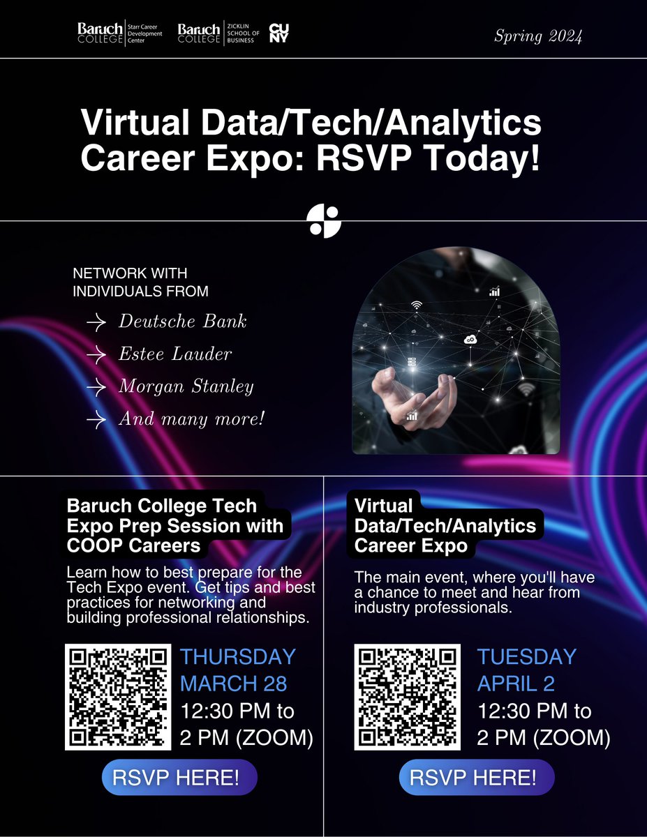 📢 Virtual Data, Tech, Analytics Career Expo is right around the corner ! ➡️ Prep with @coop_cx. bit.ly/techprepcoop ➡️ 📲 RSVP for the expo on Zoom !! bit.ly/techcareerexpo #baruchstarr #baruchworks #techindustry #financetech #dataanalytics #careerexpo #networking