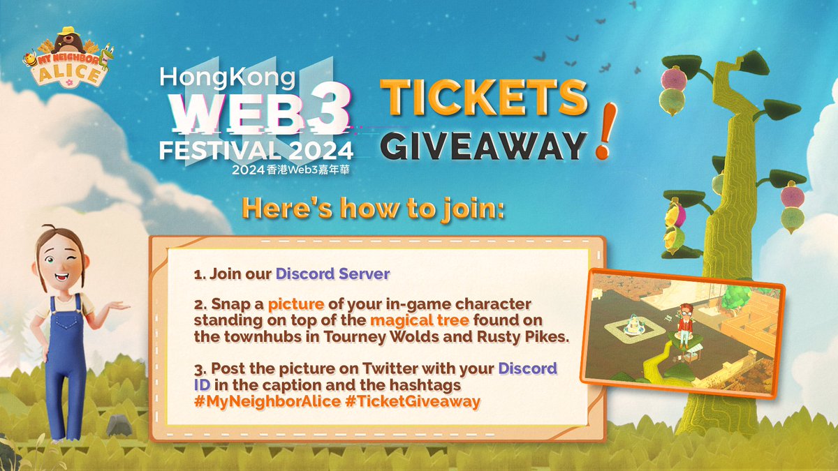 We will be at the Hong Kong #Web3Festival and we would like you to join us there! 🧑‍🤝‍🧑

We're giving away 30 tickets to lucky Neighbors who will participate in our Tickets Giveway until April 1, 3 PM CET.

 Follow the mechanics below to join! 🌸

#MyNeighborAlice #TicketGiveaway