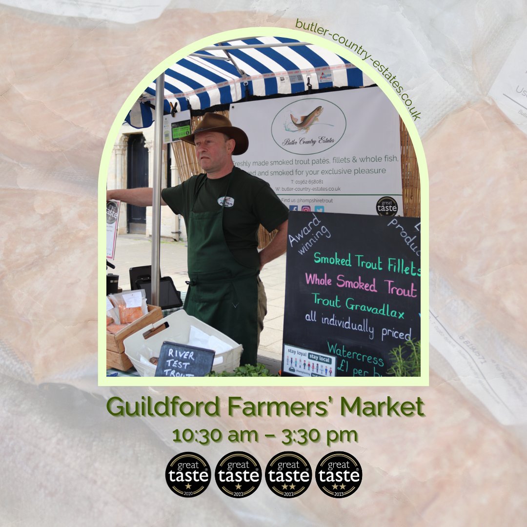 Join us at the Guildford Farmers' Market today from 10:30 am to 3:30 pm and kick off Spring with mouthwatering trout goodies! Can't make it this weekend? No worries! Grab our goodies online. Check out our online shop at butler-country-estates.co.uk Look forward to seeing you! 💚🐟