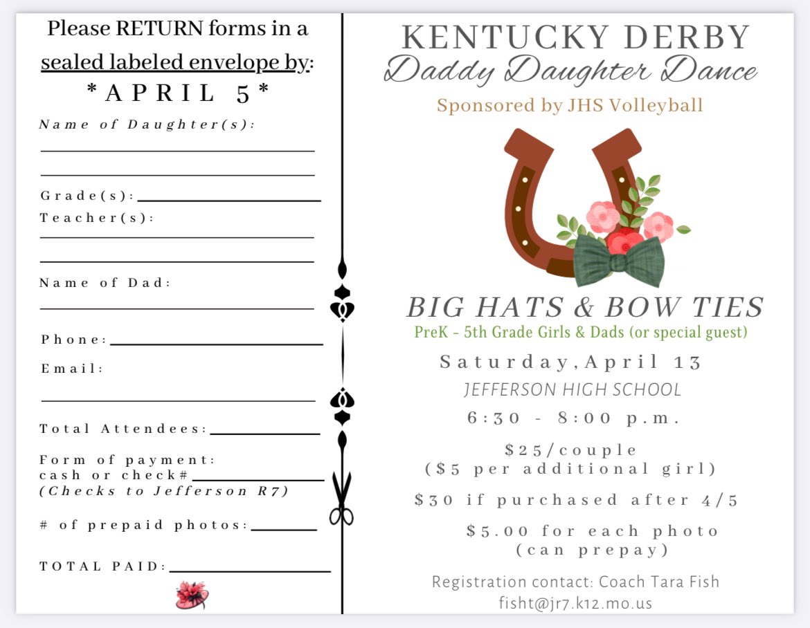 JHS_vball's tweet image. 📯📯📯JHS Volleyball will be hosting our annual Daddy Daughter Dance on Saturday, April 13 at the high school! Theme is Kentucky Derby🏇Girls wear your big hat or fascinator! 👒 Forms due April 5. Cannot wait to see everyone there! 🌹@PlattinPrimary @TelegraphJays