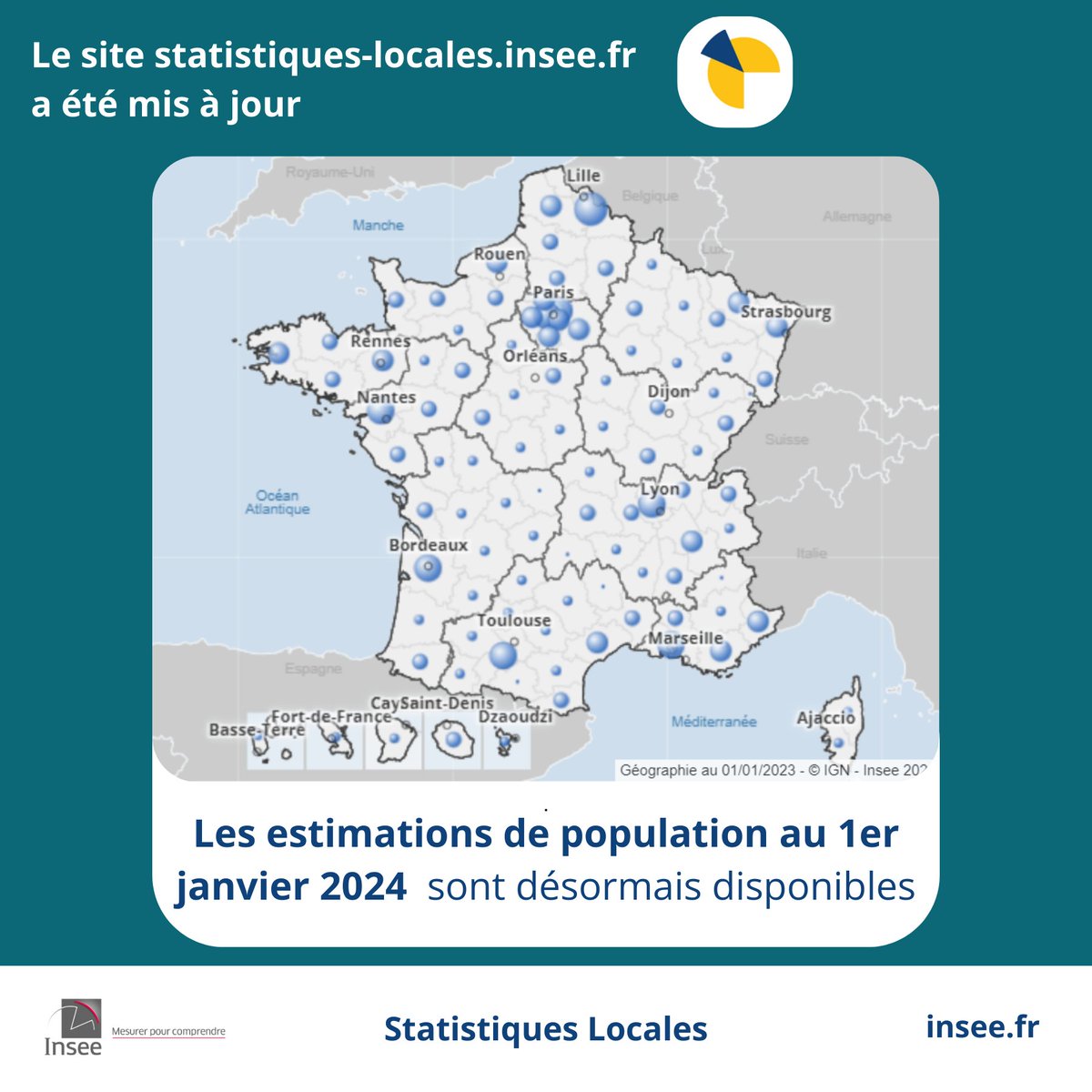 #Cartographie🗺️ | Notre site Statistiques Locales vient d’être actualisé !
 Retrouvez les estimations de population au 1er janvier 2024 dans les départements et les régions
 👉 statistiques-locales.insee.fr/#c=indicator&i…