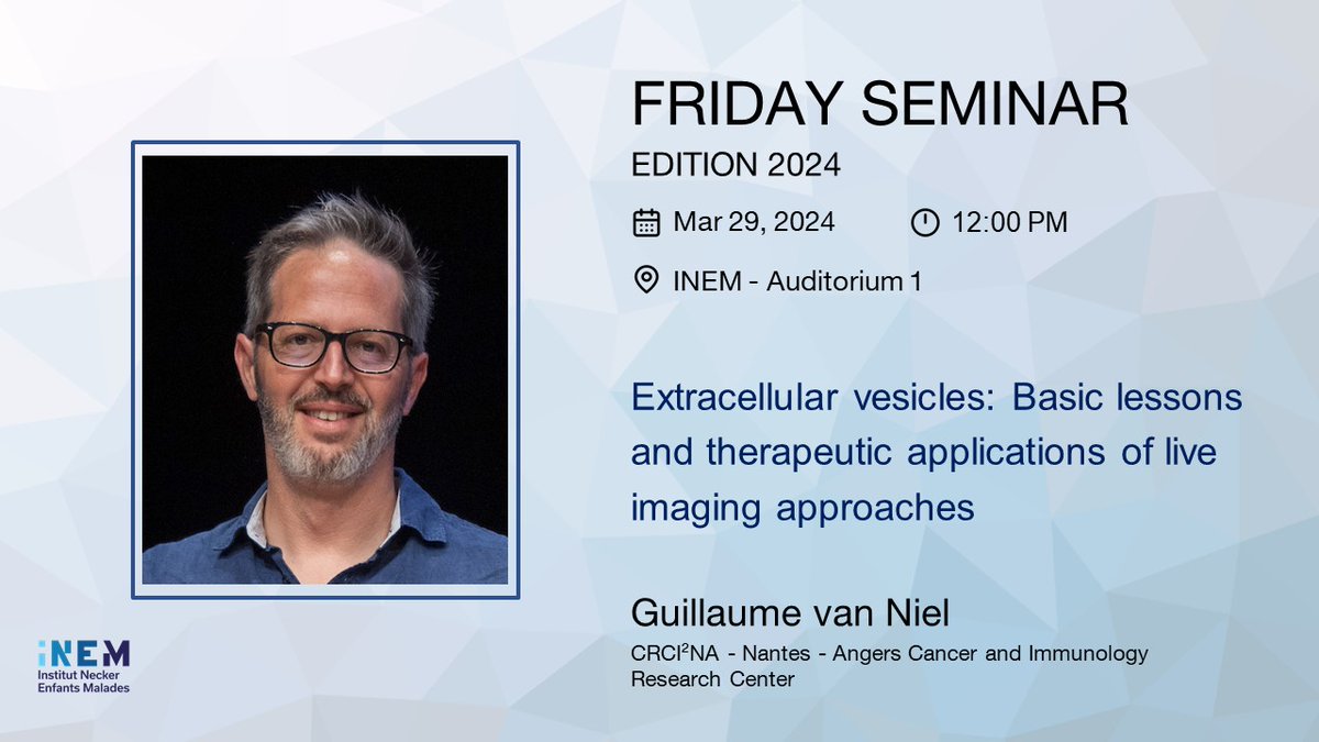 🗓️ Join us on March 29, 2024, for a new #fridayseminar featuring @guillaume_niel, Team leader and Research Director at #CRCI2NA Nantes-Angers, for an insightful talk on the power of live imaging to understand extracellular vesicles. Make sure to join! @MorelLab4