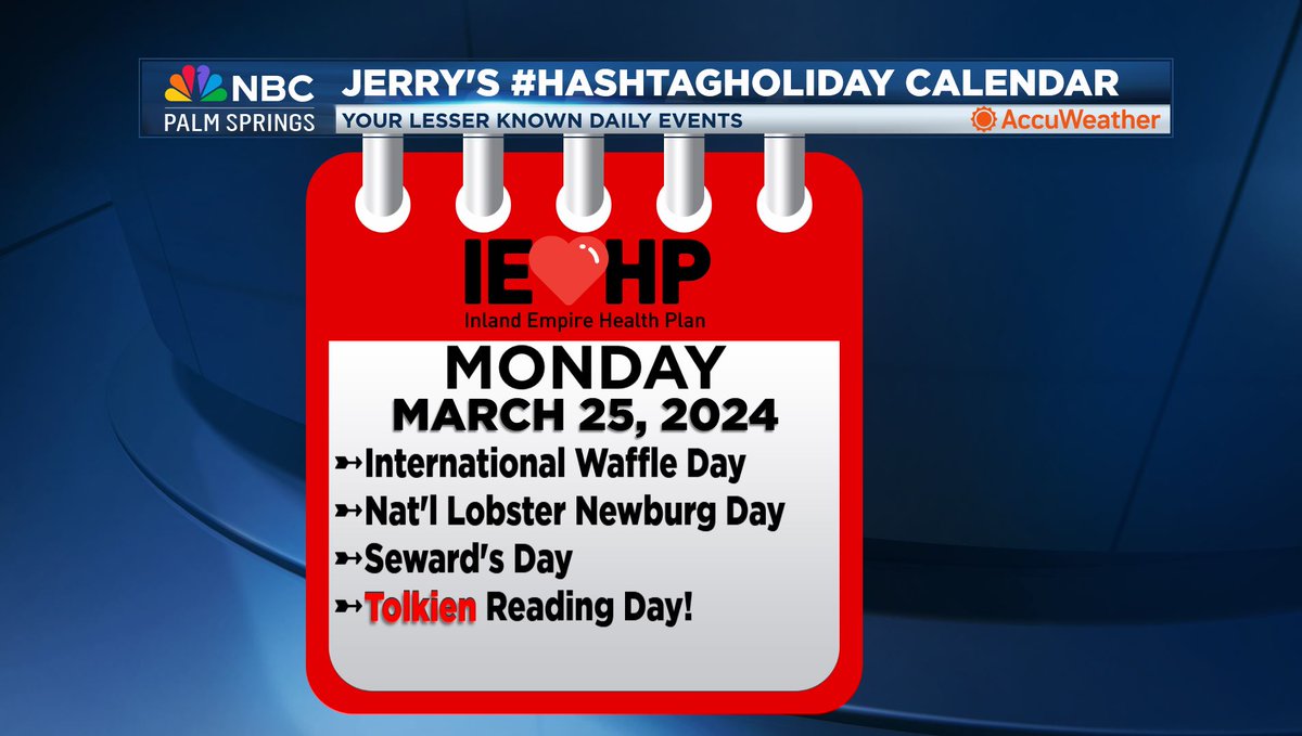 JerrySteffen's tweet photo. Your #HashtagHoliday for March 25, 2024!
➼ #InternationalWaffleDay: Leslie Knope approved
➼ #NationalLobsterNewburgDay: And treat others, don't be shellfish
➼ #SewardsDay: For sale: Alaska at 2¢ an acre!
➼ #TolkienReadingDay: Make this a daily hobbit
@NBCPalmSprings https://t.co/A3EIi4Gnop