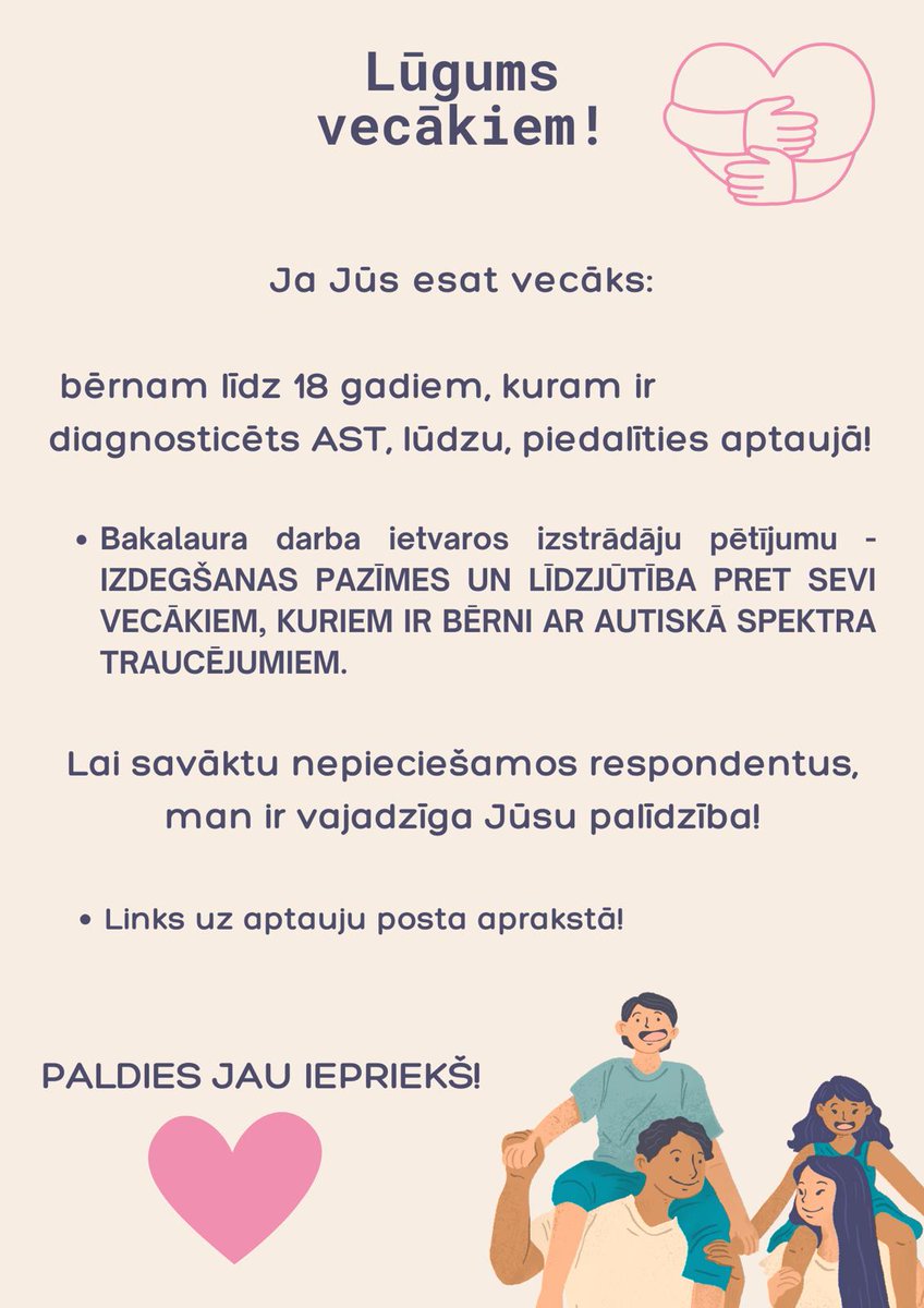 Rita_Medne's tweet image. Palīdziet, lūdzu, studentei Ditai Mednei, Ritas Mednes meitai:), bakalaura darba rakstīšanā. Lūdzu, retvītojiet, lai maksimāli nonāk pie attiecīgajiem respondentiem - bērnu ar autiskā spektra traucējumiem vecākiem. 
docs.google.com/forms/d/e/1FAI…