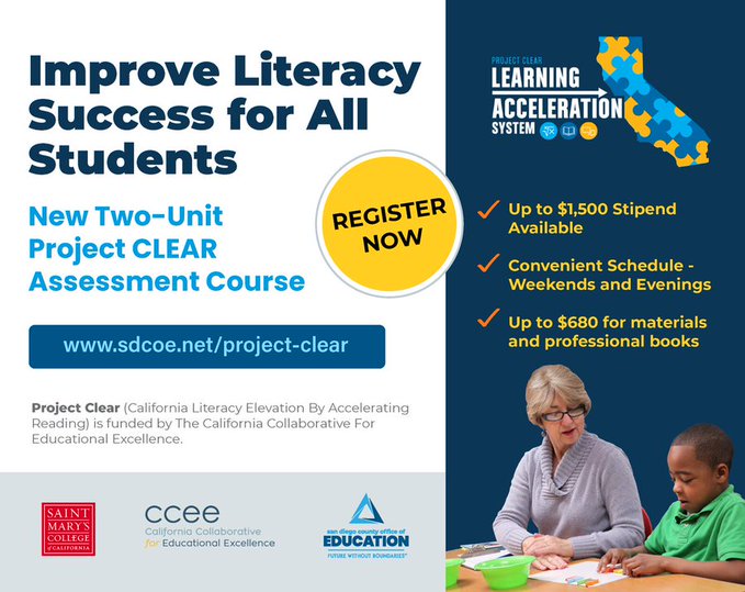 Biliteracy teachers &amp; admins across California: Project CLEAR offers tuition free for 2-unit online course
<a href="/stmarysca/">Saint Mary's College</a>

≤$1500 stipend for completing the course +
 ≤$680 for books to learn to best assess early readers  + the books to teach students

Info: sdcoe.net/about-sdcoe/ne…