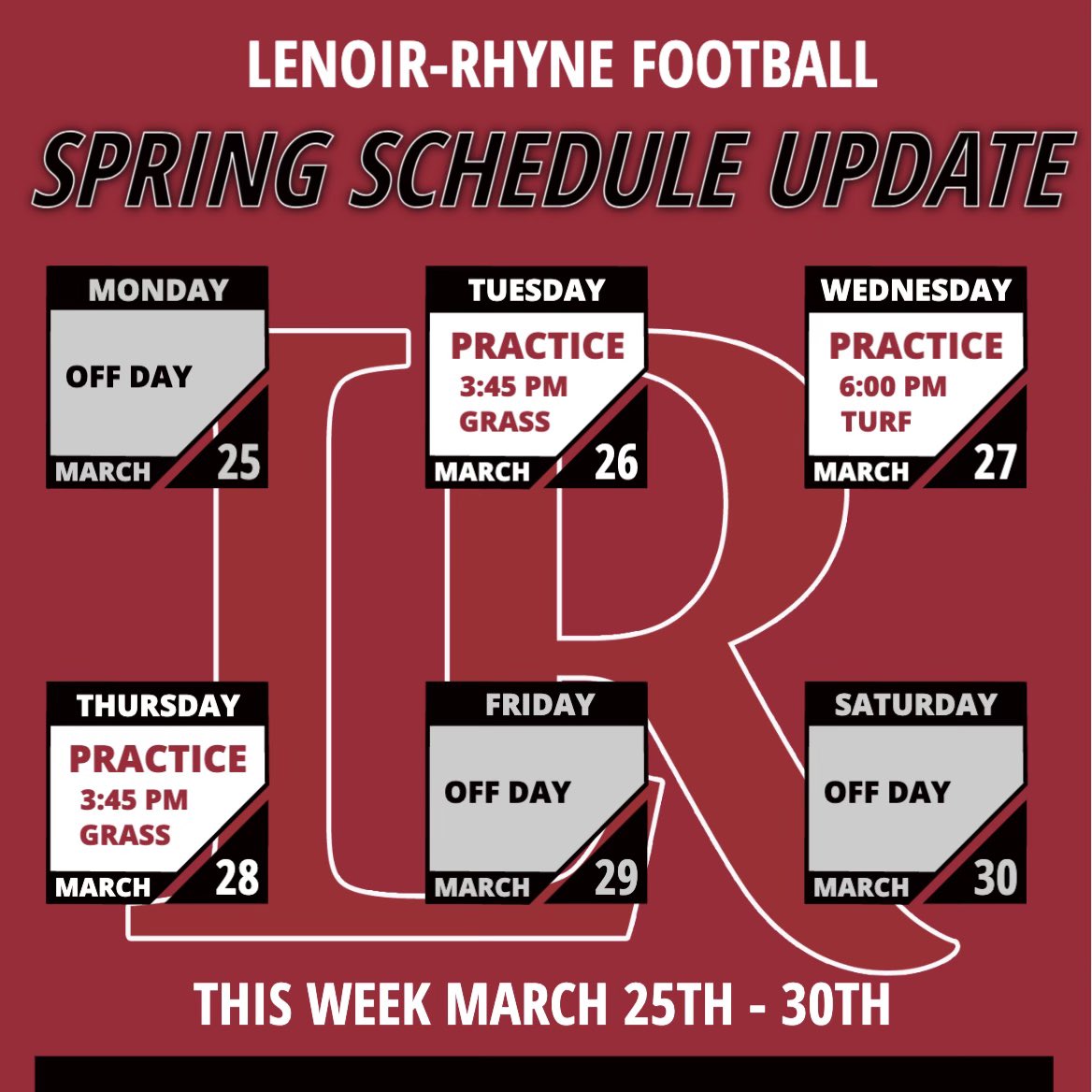 Spring Practice Schedule update for this week. Practice Tuesday, Wednesday, Thursday #W1N 🧱🐻🧱