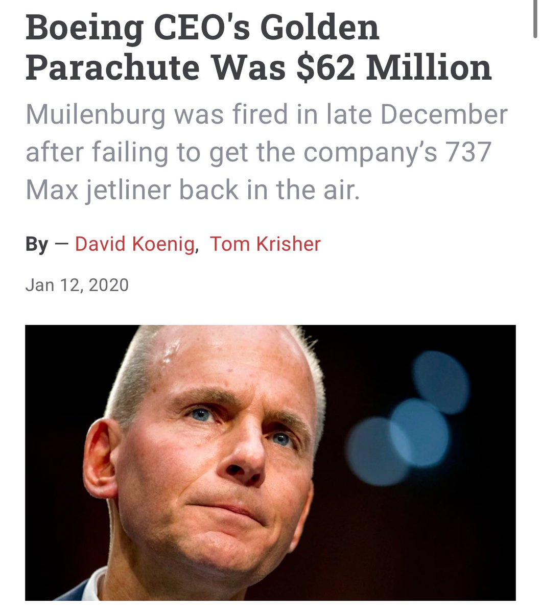 Not to be dramatic but unless they’re stepping down from the emergency exit of a 737 Max mid-flight without a parachute(golden or otherwise) this ain’t gonna change the culture; especially since the last guy fired walked away with a $62 million payday after 2 crashes