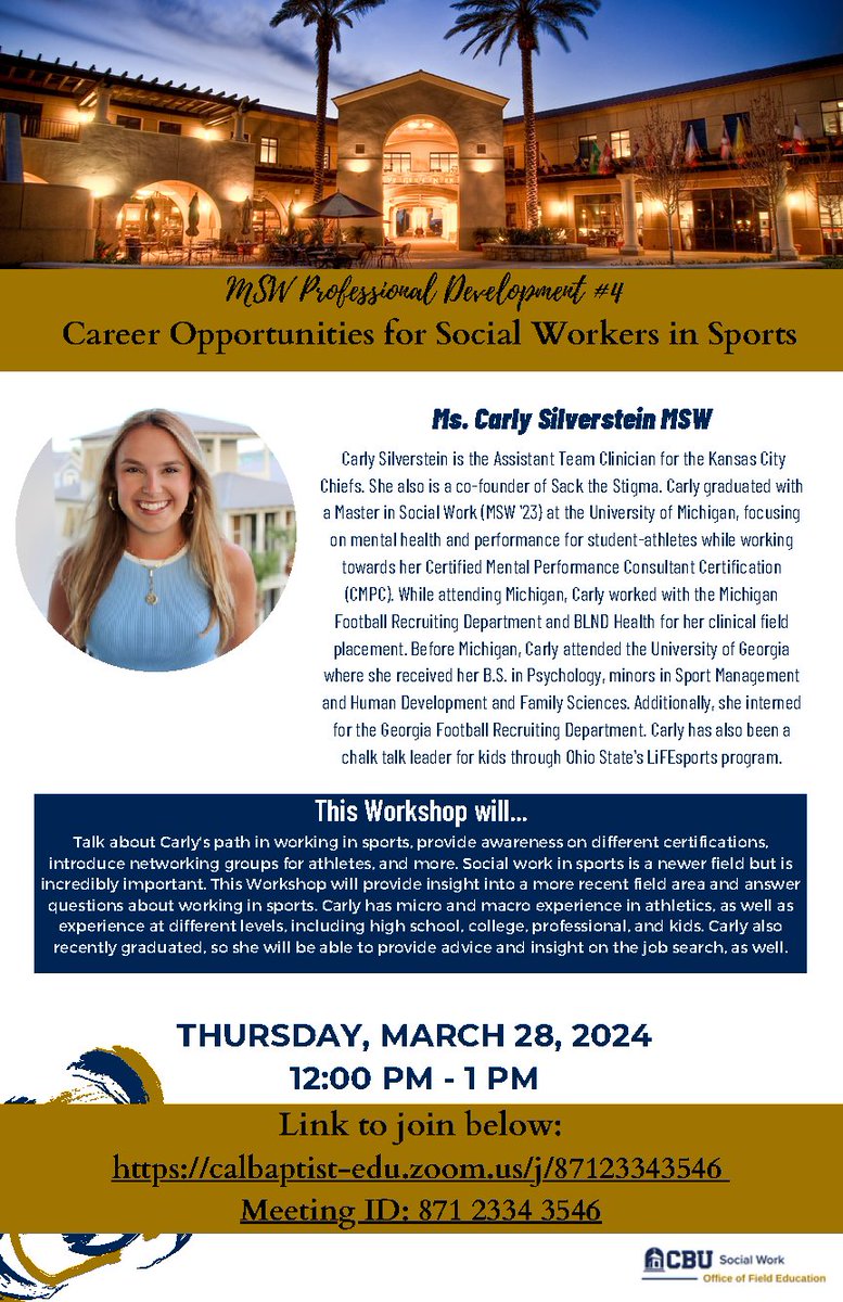 Check This Out! This Thursday, March 28th from 12:00-1:00pm PST, Ms. Carly Silverstein, MSW, Assistant Team Clinician for the KC Chiefs, will be presenting on Career Opportunities for Social Workers in Sports. Link to join below: bit.ly/3vjXrBJMeeting ID: 871 2334 3546
