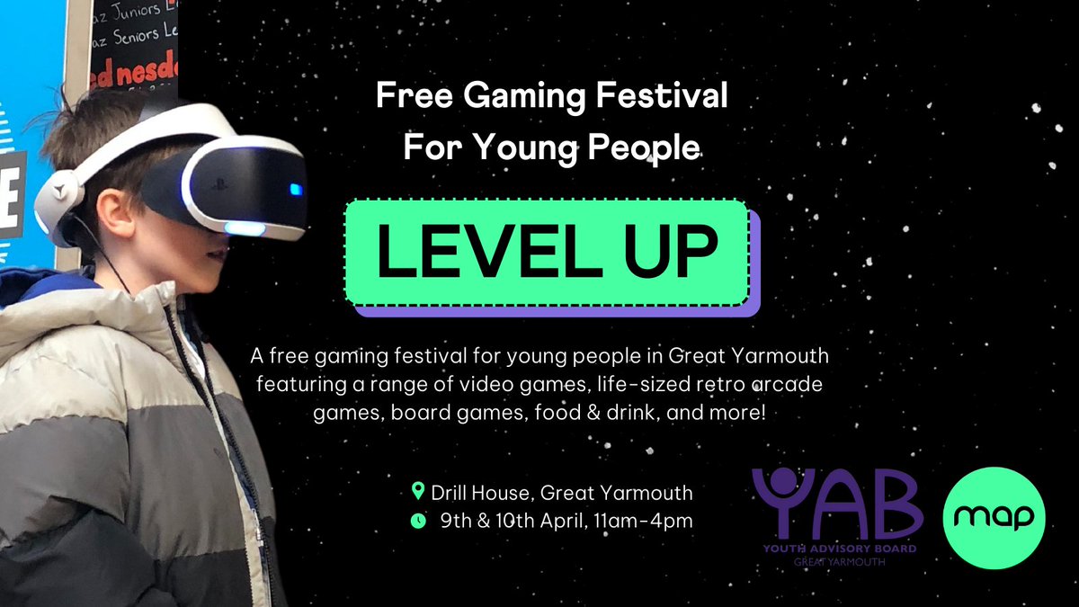 The free Level Up gaming festival for young people is back! Find us in Great Yarmouth on 9th-10th April 2024. Come along and play video games, life-sized arcade games and take part in activities designed to help with wellbeing and mental health. eventbrite.co.uk/e/level-up-gam…