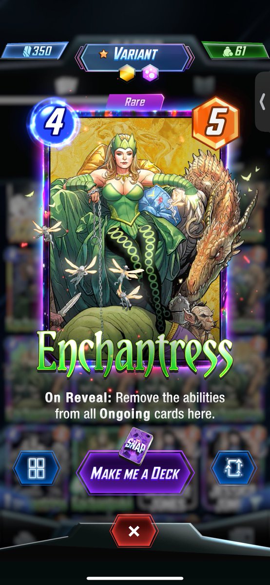 @MarvelSnapRocks @WillowCCG The only time I wanted to be able to adjust that is with this enchantress variant which is way better before the frame break. I would love to be able to turn off frame break but keep animation.