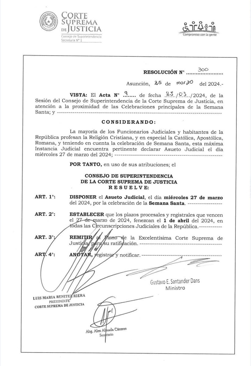 PoderJudicialPY's tweet photo. ⚖️𝗔𝗦𝗨𝗘𝗧𝗢 𝗝𝗨𝗗𝗜𝗖𝗜𝗔𝗟 𝗘𝗟 𝗗𝗜́𝗔 𝗠𝗜𝗘́𝗥𝗖𝗢𝗟𝗘𝗦 𝟮𝟳 𝗗𝗘 𝗠𝗔𝗥𝗭𝗢⁣
⁣
🔴A través de la Resolución N° 300/2024, el Consejo de Superintendencia de la Corte Suprema de Justicia resolvió declarar asueto judicial y suspensión de los plazos procesales para el día miércoles 27 de marzo de 2024, con motivo de la celebración de la Semana Santa.⁣
⁣
🔹Se establece que los plazos procesales y registrales que vencen en la fecha mencionada, se prorrogarán hasta el lunes 1 de abril en todas las circunscripciones judiciales de la República.⁣
⁣
📷Se adjunta la resolución correspondiente.