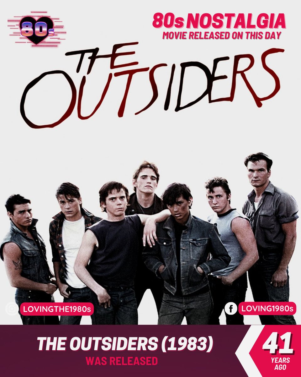Lovingthe1980s's tweet photo. 41 years ago today, The Outsiders was released!
Have you seen this classic? Leave a comment below! 👇🎥
#Lovingthe80s #80sNostalgia #80smovie #TheOutsiders #ThomasHowell #MattDillon #RalphMacchio #PatrickSwayze #RobLowe #TomCruise #FrancisFordCoppola https://t.co/T5brTl0Q8X