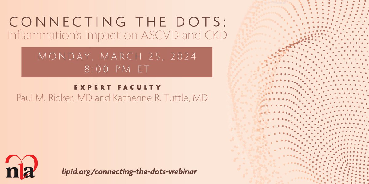 📢Tonight! Don't miss Drs. Paul Ridker and Katherine Tuttle diving into inflammation's impact on ASCVD and CKD! Join this discussion and engage with the experts. #FreeCME #Webinar Register free ➡️lipid.org/connecting-the…