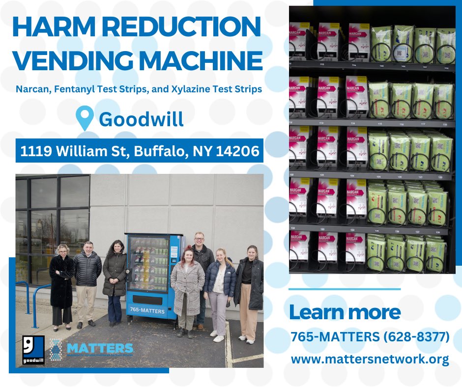 We are excited to announce that a new #harmreduction vending machine is live in New York State! Thank you to @GoodwillWNY for managing this machine in Western New York. Learn more about this exciting initiative on our newspage: mattersnetwork.org/goodwill-0324