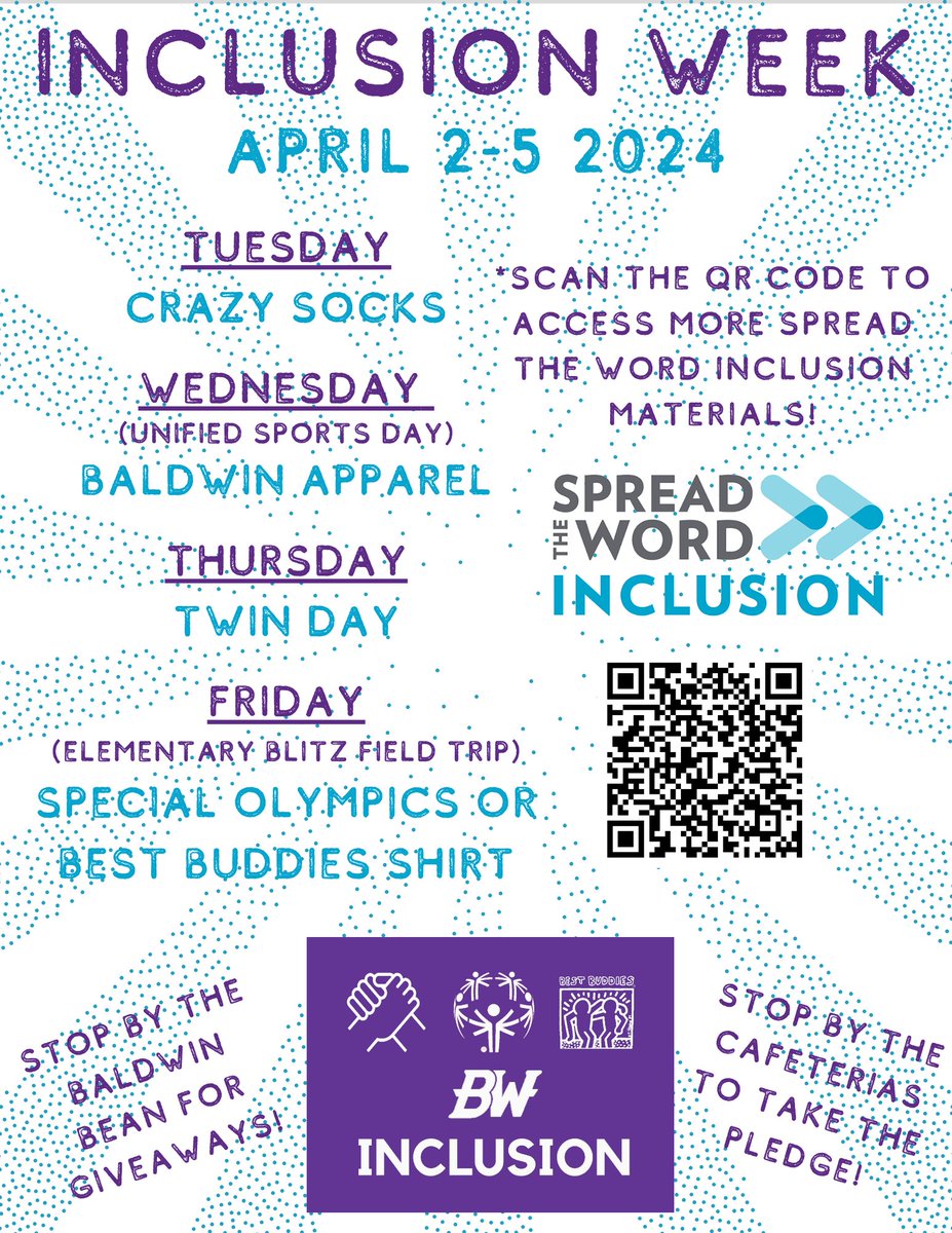 🗓️MARK YOUR CALENDARS🗓️ Our Special Olympics & Best Buddies Clubs will be celebrating Inclusion 🤝Week on April 2-5th. Stop by @BHSBaldwinBean and outside our @BHSActivities cafeterias for some cool giveaways and to take the pledge to show how YOU #ChooseToInclude