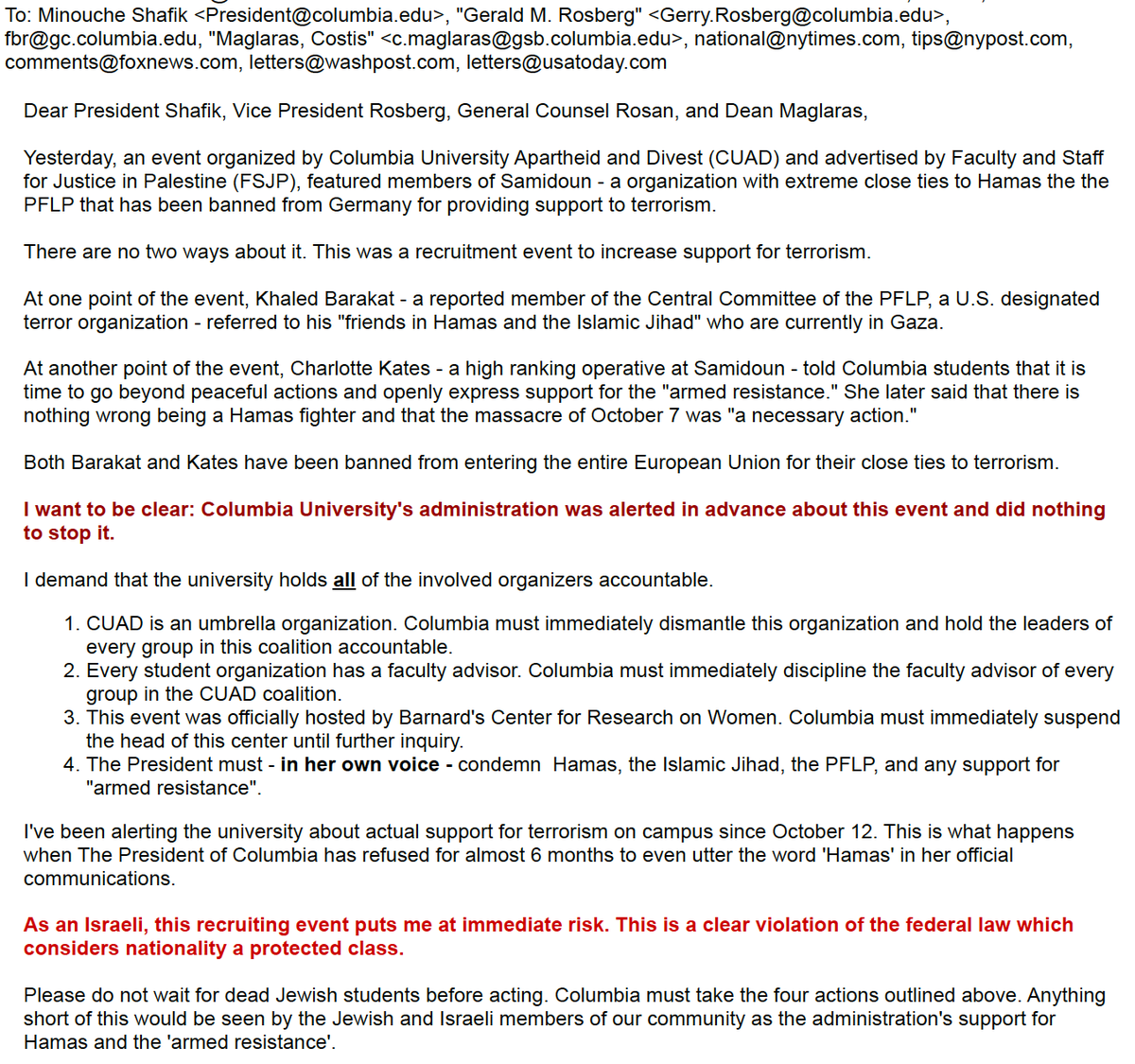 I sent the following open letter to @Columbia's administration regarding yesterday's terrorism-recruitment event on campus. Please write your own email. Take action now, before it's too late.
