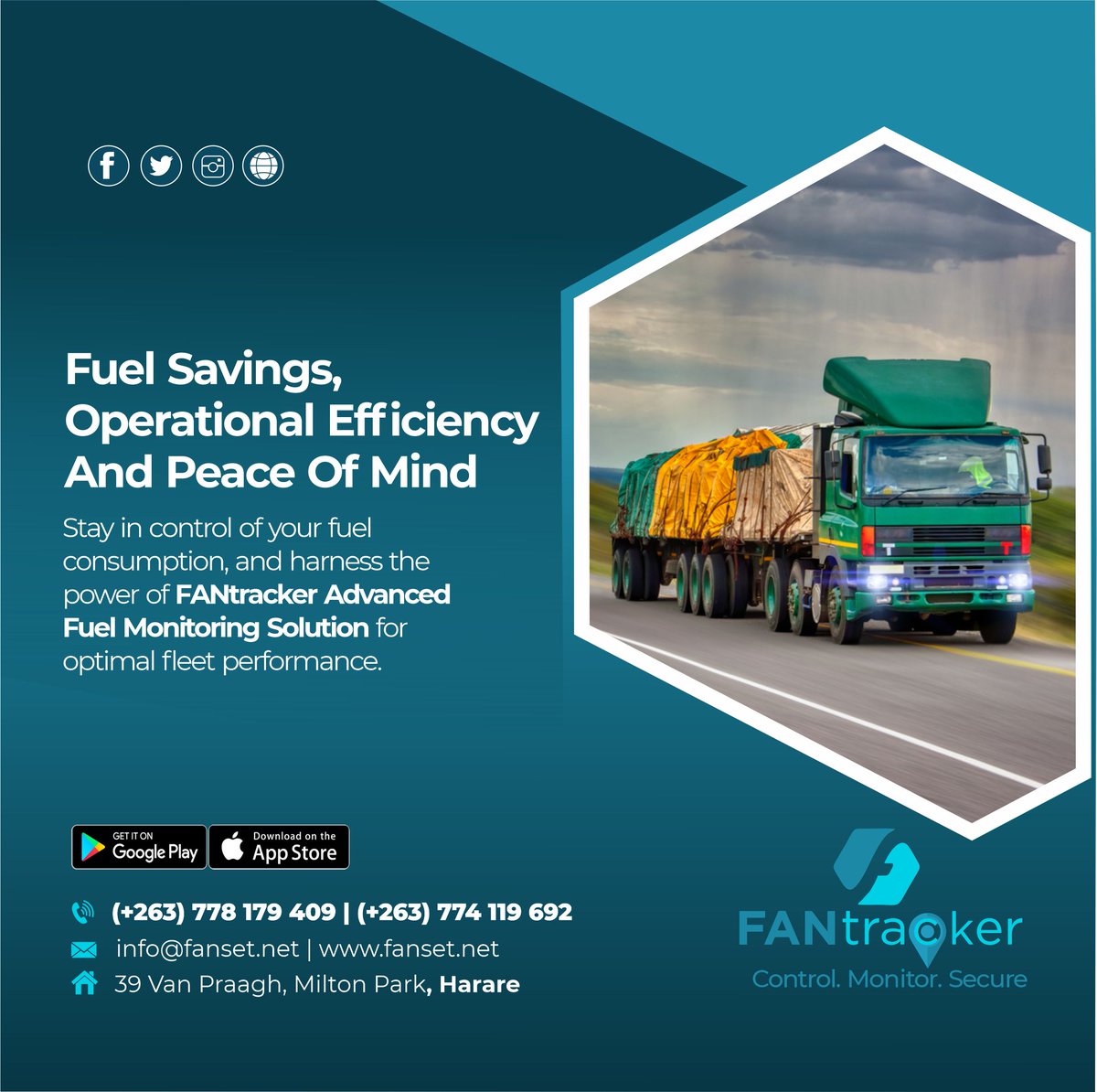 FUEL SAVINGS, OPERATIONAL EFFICIENCY & PEACE OF MIND. Stay in Control of Your Fuel Consumption, and Harness the Power of FANtracker Advanced Fuel Monitoring Solution for Optimal Fleet Performance. Contact us on: +263778179409/ 0774119692 #FANtracker #Fleetmanagement #Logistics