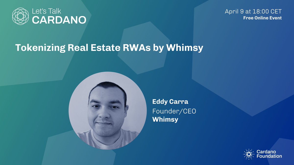 🤔 Interested to learn more about real estate tokenization? 🏘️ Learn from industry expert @eddycarra_ about Whimsy's innovative approach to making property investment accessible to all. Register below ⬇️ bit.ly/3Tzg0d4 #AssetTokenization #Tokenization #Cardano