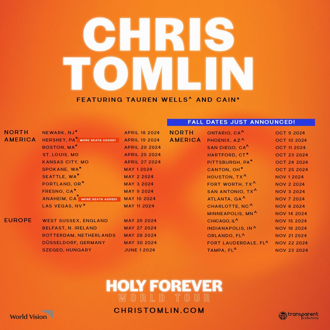 .@christomlin is expanding his Holy Forever World Tour into the fall! Experience powerful moments of unity and worship with songs like 'Holy Forever,' 'Good Good Father' and more. Special guests @taurenwells and @caintheband will join on select dates. 🎤 Get tix:…