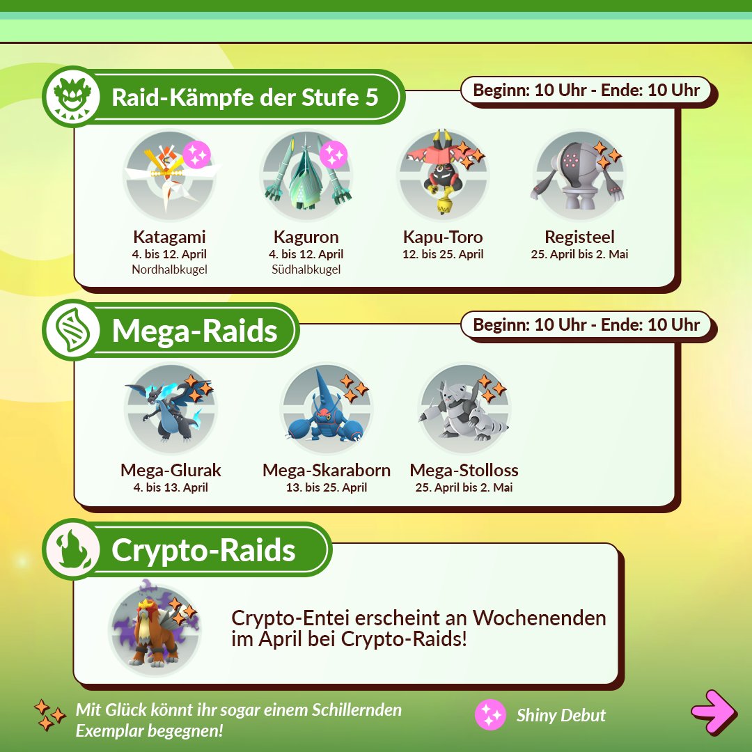 💥Trainer, diesen Monat starten wir mit den Ultrabestien- und  Käferkrabbelei-Events in ein neues Abenteuer. Zudem erscheinen Glurak,  Skaraborn und Stolloss bei Mega-Raids in #PokemonGO!