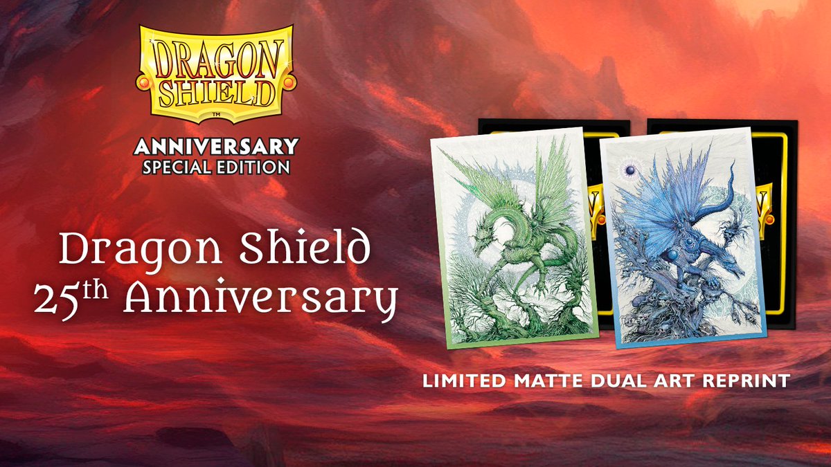 Special 25th anniversary treat for the community: Our very first Matte Art Sleeve Gaial and its brother Mear return as Matte Dual Art Sleeves with an all-new stylish border treatment! Both by beloved MTG artist Ian Miller! Which of these gorgeous dragons is your favorite?