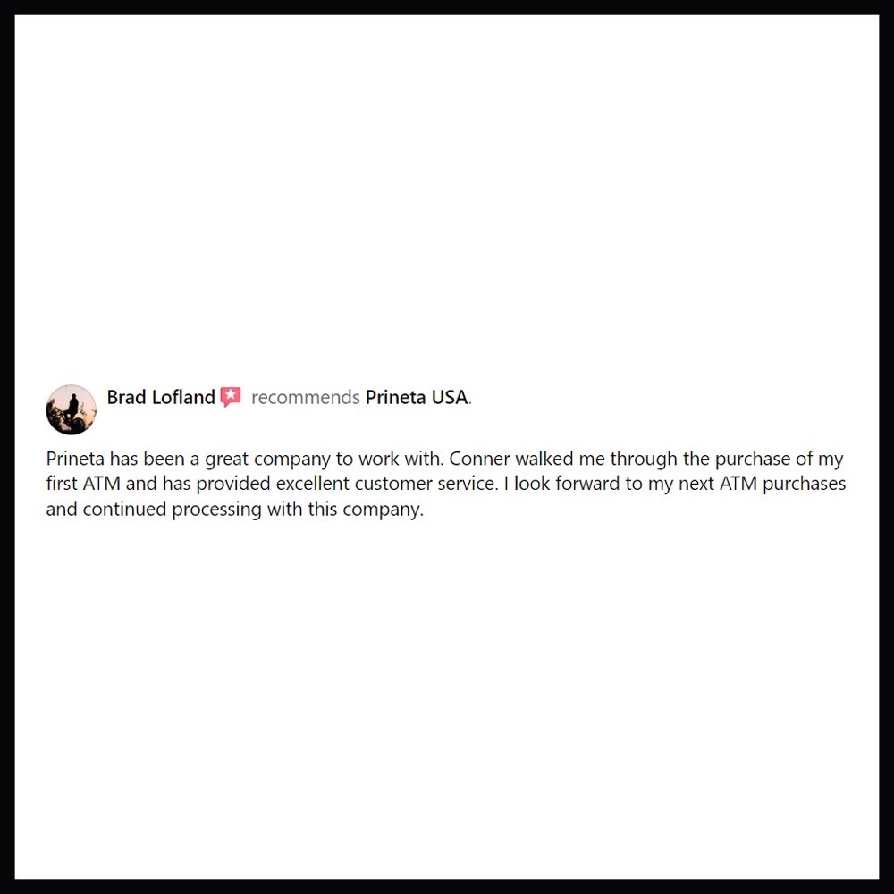 Prineta's tweet photo. Thank you Brad for this awesome review on Facebook! 

#Prineta #PrinetaUSA #ATMPurchase #ATMSales #BuyAnATM #PurchaseATM #ATMProcessing #ATMTransactionProcessing https://t.co/TfES8bPbUc