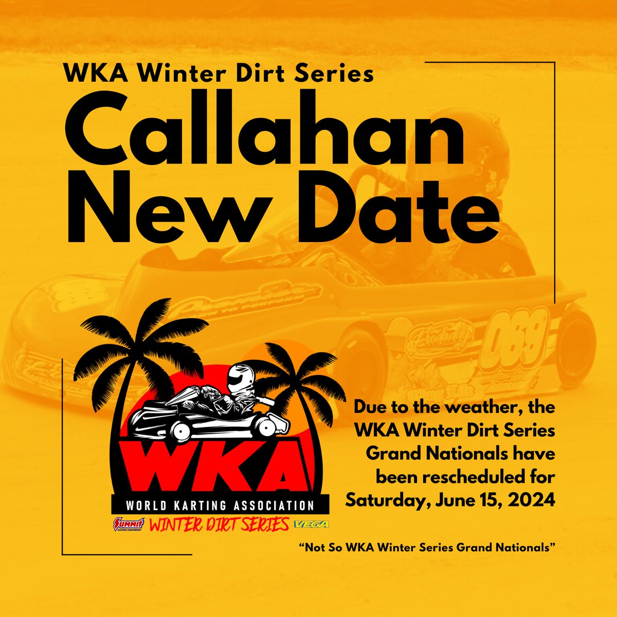 WKA's Winter Dirt Series Grand Nationals at Callahan Speedway had to be canceled for rain on March 23. Our new date at Callahan Speedway for the 'Not So WKA Winter Series Grand Nationals' will be Saturday, June 15. #WKA #LetsGoKarting #WinterDirtSeries #GrandNationals