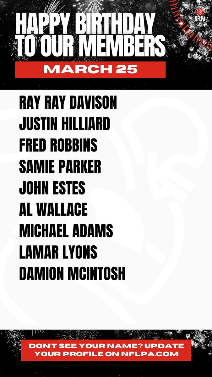 NFLPA Former Players (@nflpafmrplayers) on Twitter photo Happy birthday to our members <a href="/rayraydavison/">Raymond Davison III</a> @jhilliard47 <a href="/FredRobbins255/">FRP</a> @SamieParker <a href="/JohnEstes55/">John Estes</a> <a href="/96awallace/">Al Wallace</a> <a href="/83playmaker/">Mike Adams- M.Ed.</a> - Happy birthday! Wishing all the best for you. Happy birthday to our members <a href="/rayraydavison/">Raymond Davison III</a> @jhilliard47 <a href="/FredRobbins255/">FRP</a> @SamieParker <a href="/JohnEstes55/">John Estes</a> <a href="/96awallace/">Al Wallace</a> <a href="/83playmaker/">Mike Adams- M.Ed.</a> - Happy birthday! Wishing all the best for you.