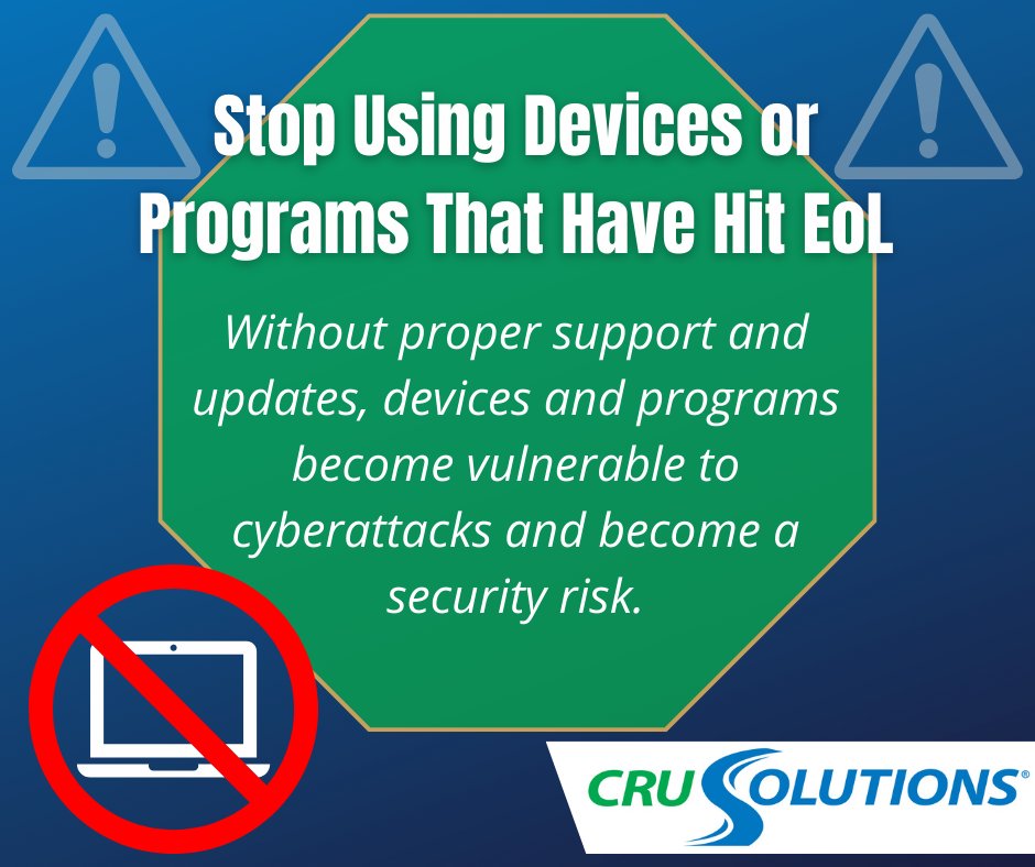 CRUSolutions's tweet image. This one’s important!

You’re putting sensitive information at risk due to lack of security and could be violating compliance regulations.

#EoLTech #InformationTechnology #Compliance