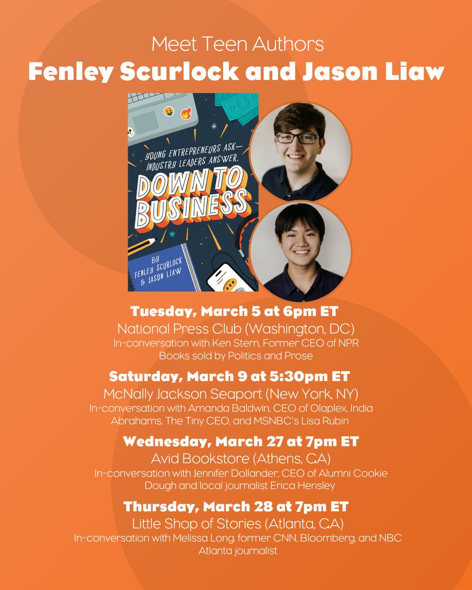 Hey, Georgia! Let’s get down to business! 📉 Join tween authors Fenley Surlock and Jason Liaw this week as they discuss their new book, DOWN TO BUSINESS, with local industry leaders. 🗓️ See you there: bit.ly/DTB-Events