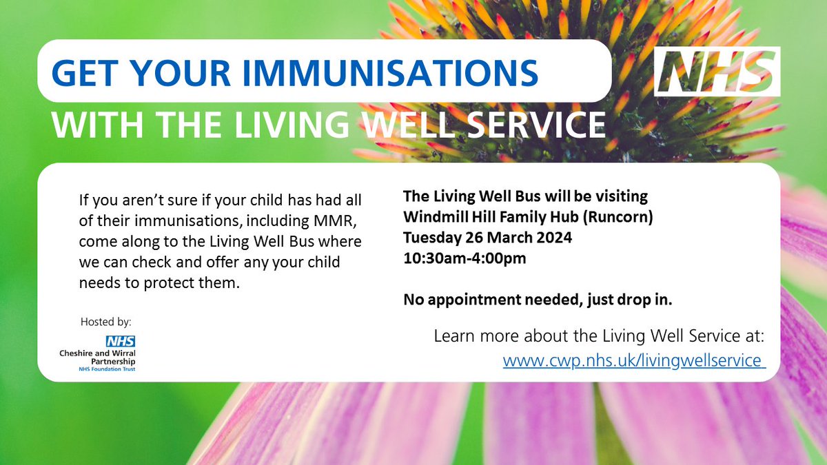 The Living Well Service is at Windmill Hill Family Hub in Runcorn tomorrow (26 March) from 10:30 to 4:00, offering all routine UK immunisations including MMR. More dates/locations: ow.ly/rQS550QH8vA #healthyhalton
