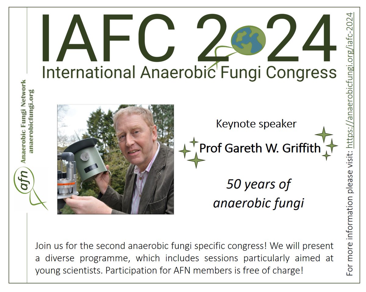 Join IAFC2024 to meet keynote speakers: Gareth Griffith, Noha Youssef, Kevin Solomon, Phil Pope. They'll discuss anaerobic fungi, -omics techniques, and gut community. Online event on Oct 15-17, free for AFN members.