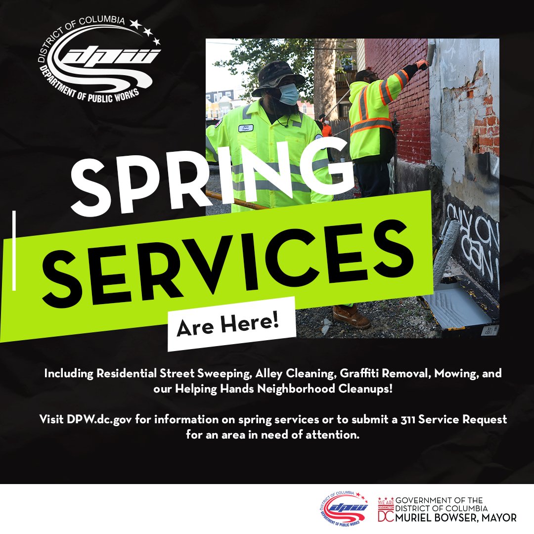🌆🚮 Spring's Calling, DC! 🌼
🧹 Streets getting swept,
🍃 Yard waste vanishing,
📅 All part of our spring plan.

Join the movement at dpw.dc.gov/page/spring-op…. Let's beautify DC together! #DPWSpringOps