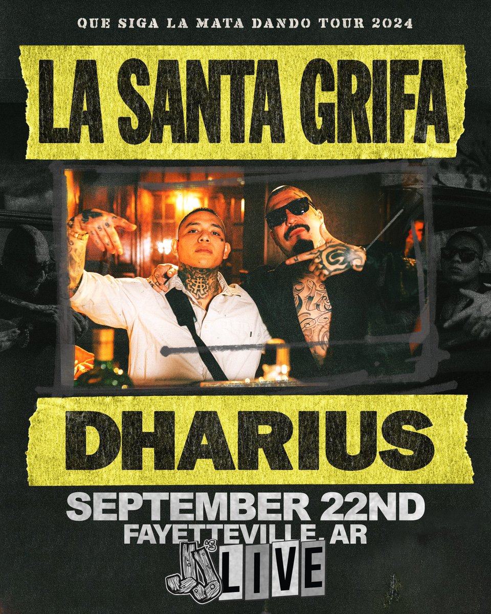 JUST ANNOUNCED 🔥 La Santa Grifa + Dharius are stopping at JJ’s Live on Sept 22nd along their Que Siga La Mata Dando Tour ‘24! 📰 newsletter subscribers get early access on Thursday 3/28 at 10a. jjslive.com 🎟️ tickets go on sale to the public on Friday 3/29 at 10a