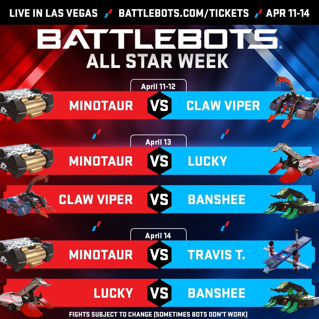 EXCITING NEWS! April 11-14 - Live in Las Vegas, BattleBots Destruct-A-Thon will play host to a number of ALL STAR fights featuring Minotaur, Claw Viper and Lucky. Joining them will be up-and-comers Banshee and Traves T. Don't miss out. Get you tickets at battlebots.com/tickets