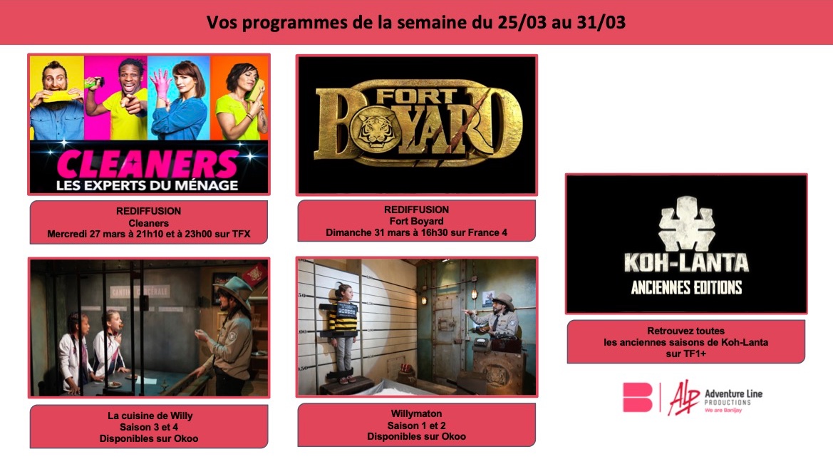 📅Cette semaine : 
🧽#Cleaners sur @tfx 
🗝️#FortBoyard sur France 4
📿#KohLanta sur @tf1plus 
🤢#lacuisinedewilly et #willymaton sur le site de @FranceTV