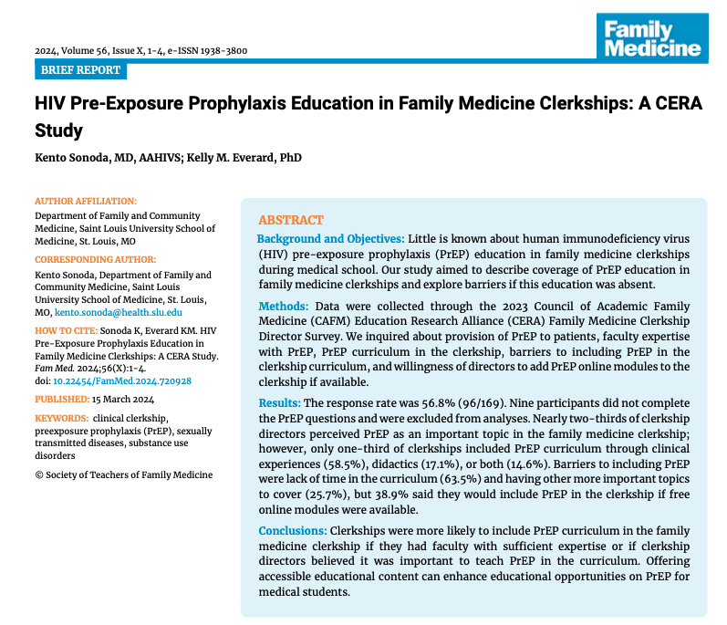 'HIV PrEP in Family Medicine Clerkships: A CERA Survey' published in @fammedjournal Only 1/3 of clerkships included PrEP. Accessible educational content is needed. #MedEd @aahivmcomm #Scholarship #PrEP Read more: journals.stfm.org/familymedicine…