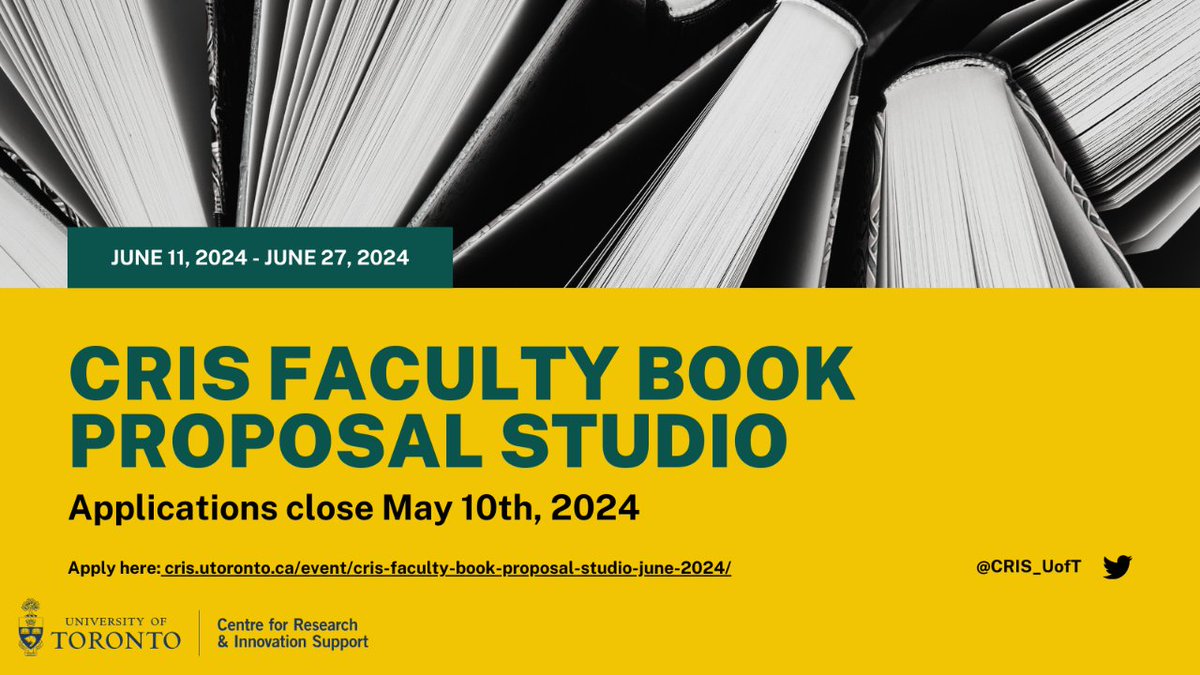 Join us for a limited enrolment Book Proposal faculty cohort from June 11th to June 27th, 2024. Applications close on May 10, 2023.   Apply now: cris.eve.utoronto.ca/home/events/42…