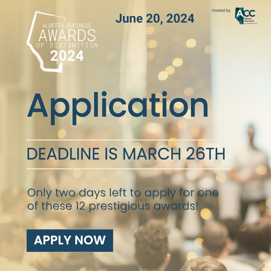 ⏰Tomorrow is the last day to complete and edit your application to be considered for the Alberta Business Awards of Distinction! Don't let this opportunity slip away - apply now! abbusinessawards.com #abchambers #abbiz #BusinessAwards #accabad2024 #abad2024