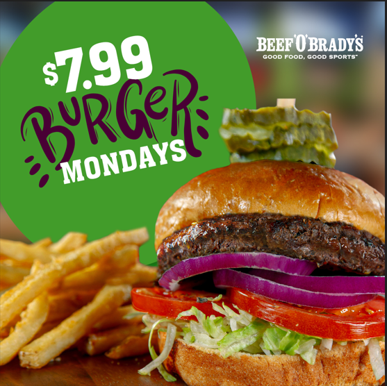🍔 BURGER MONDAY, Plus Fries!
-Create Your Own, Starting At $7.99

🍀 Angus Served With Your Choice Of Lettuce, Tomato, Pickles, Onions Or Mayo, At No Extra Charge.
-Add-Ons $0.99 Each
-Premium Add-Ons $1.99
-Make It A Double For $3.99 More

🍺See Ya At Beef's