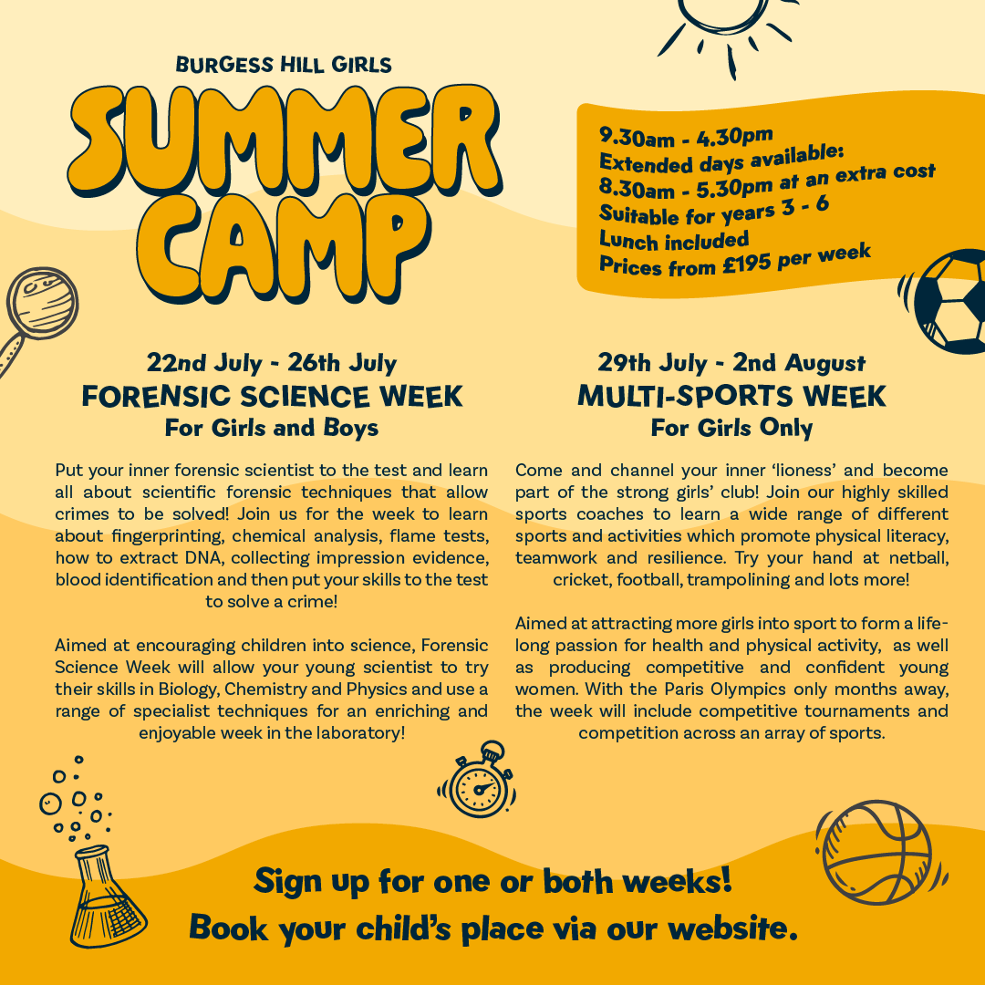 In a first for Burgess Hill Girls, we are delighted to announce that we are offering two specially curated Summer camps for children Years 3 – 6; Forensic Science Week and Multi-Sports Week! For more details, please visit our website: eu1.hubs.ly/H08gjSW0