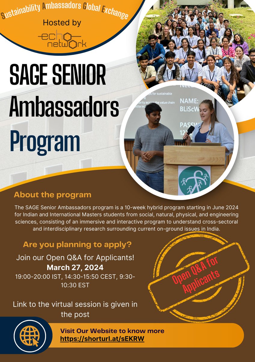 Do you want to #apply for the #SAGE Senior Ambassadors Program #2024? Do you have questions on how to apply or on the course structure? Join our Open #QnA for Applicants on March 27th at 7 PM IST. Link to join: lnkd.in/gxP8N_44 @atree_org @novonordiskfond @ATVdk