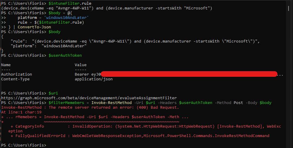simonefiorini6's tweet photo. @Mark_Hopper24 @IntuneSuppTeam Thanks Mark, It works with your suggestion.
I'm trying to put all in a PowerShell script but I'm always facing "400 Bad Request" error.
Where am I wrong?
Thanks again! https://t.co/DFj6MMn8J1