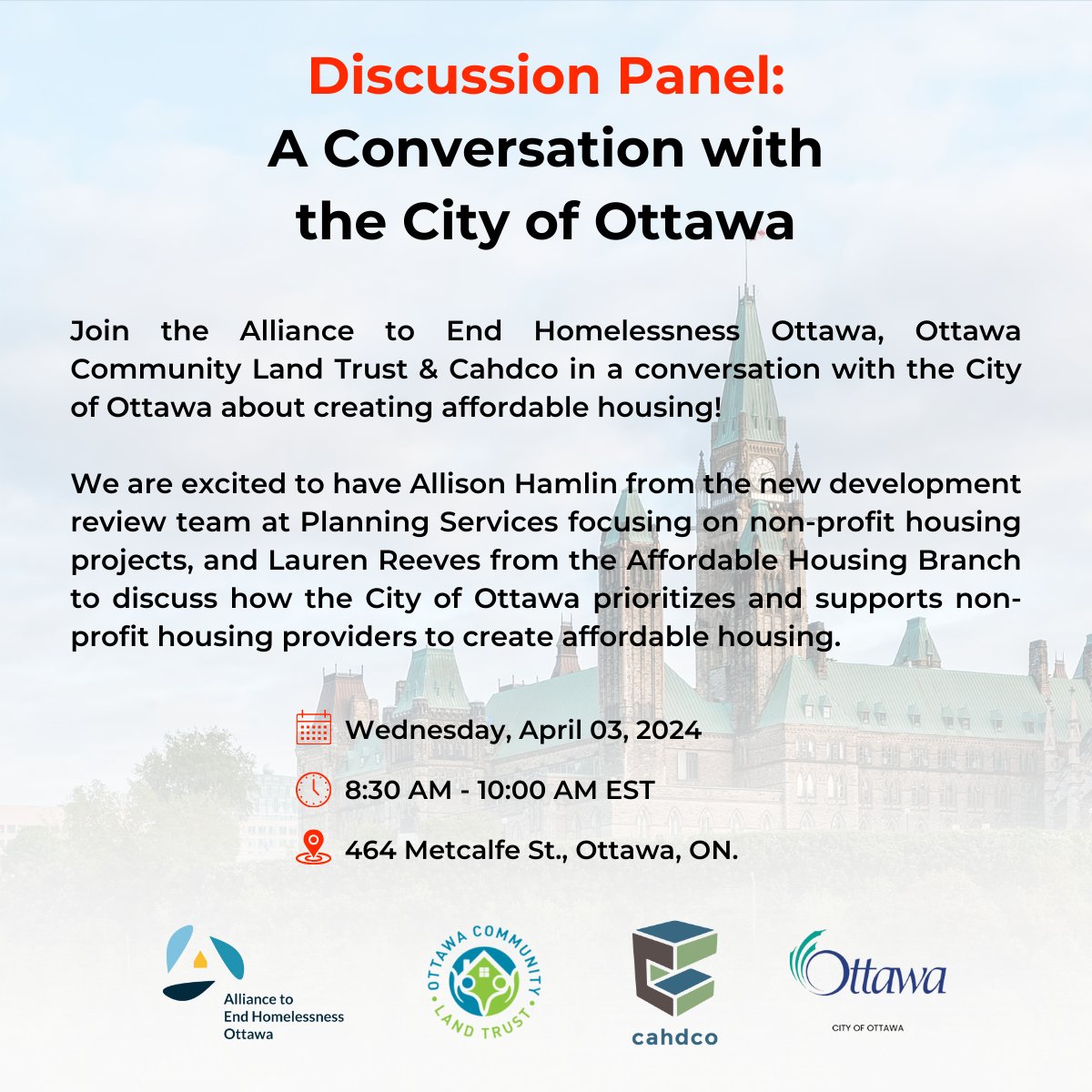 Join us next Wednesday for our next Panel Discussion with the City of Ottawa!

Register here: cahdco.org/events/

Don't miss it!

<a href="/OttawaAlliance/">Alliance to End Homelessness Ottawa</a> 
<a href="/OttCLT/">Ottawa Community Land Trust</a> 
<a href="/ottawacity/">City of Ottawa</a>