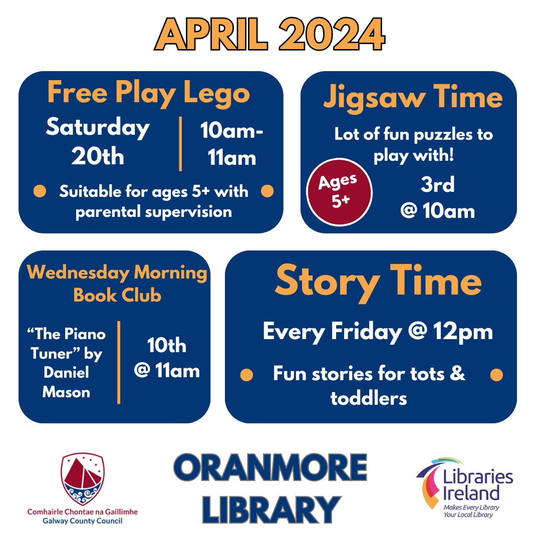 We have a great month coming, we're very excited. We can't believe it's almost April! #Oranmore #April #LoveLibraries #events #SpringTime #sunshine @LibrariesIre @LibrariesGalway @oranmoreDOTie