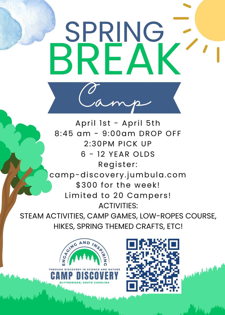 See the attached flyer for a Spring Break Camp! Register at camp-discovery.jumbula.com